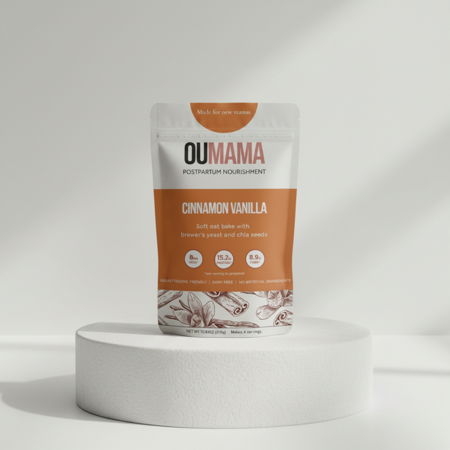 Cinnamon Vanilla Oat Bake postpartum nutrition mix on a podium by Oumama