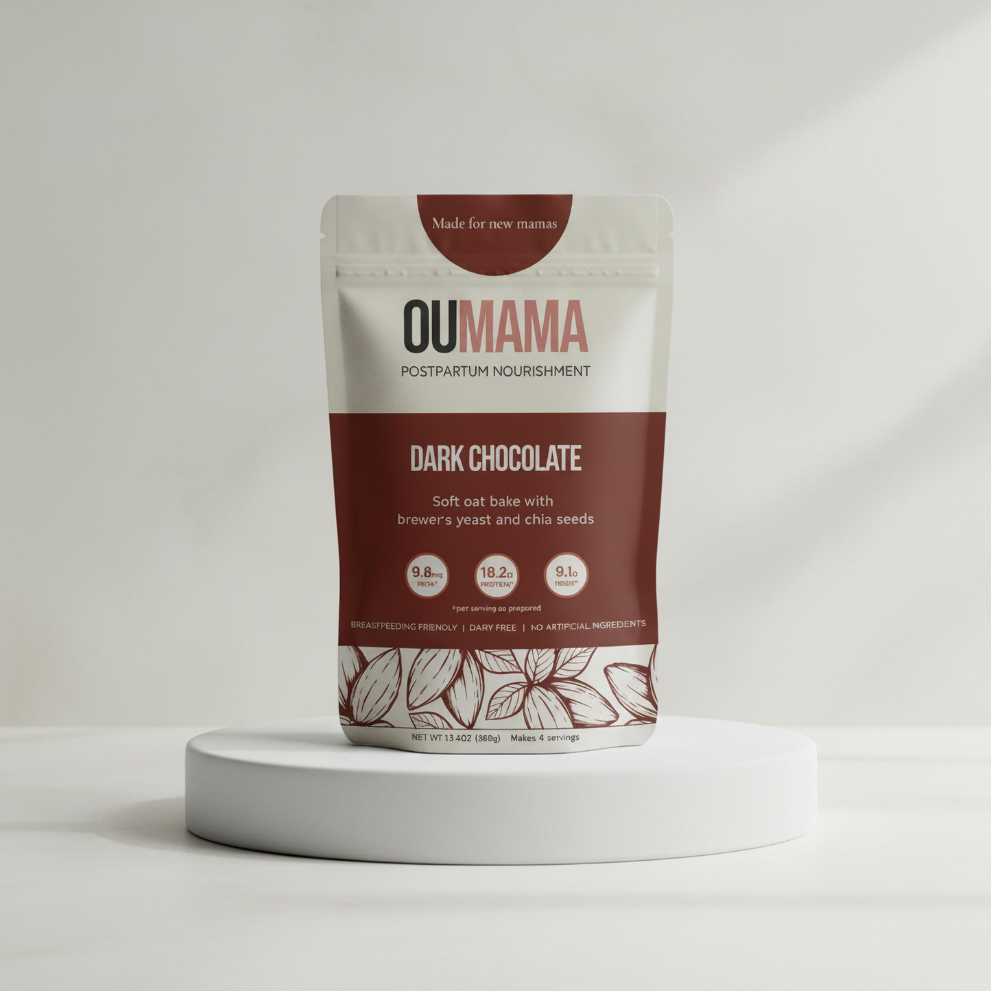 Dark Chocolate Oat Bake postpartum nutrition mix on a podium by Oumama