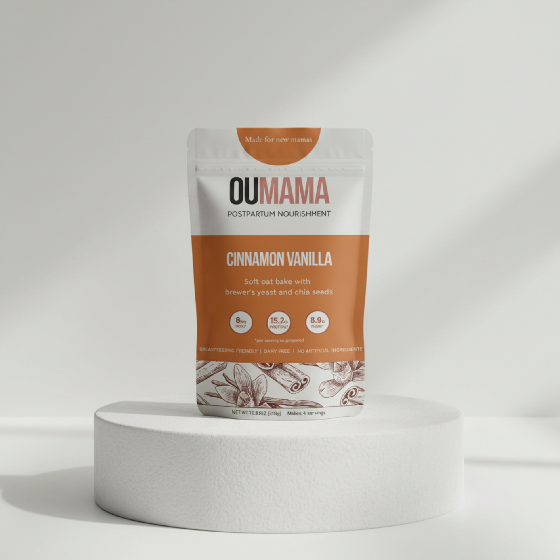 Cinnamon Vanilla Oat Bake postpartum nutrition mix on a podium by Oumama