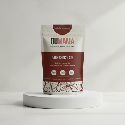 Dark Chocolate Oat Bake postpartum nutrition mix on a podium by Oumama