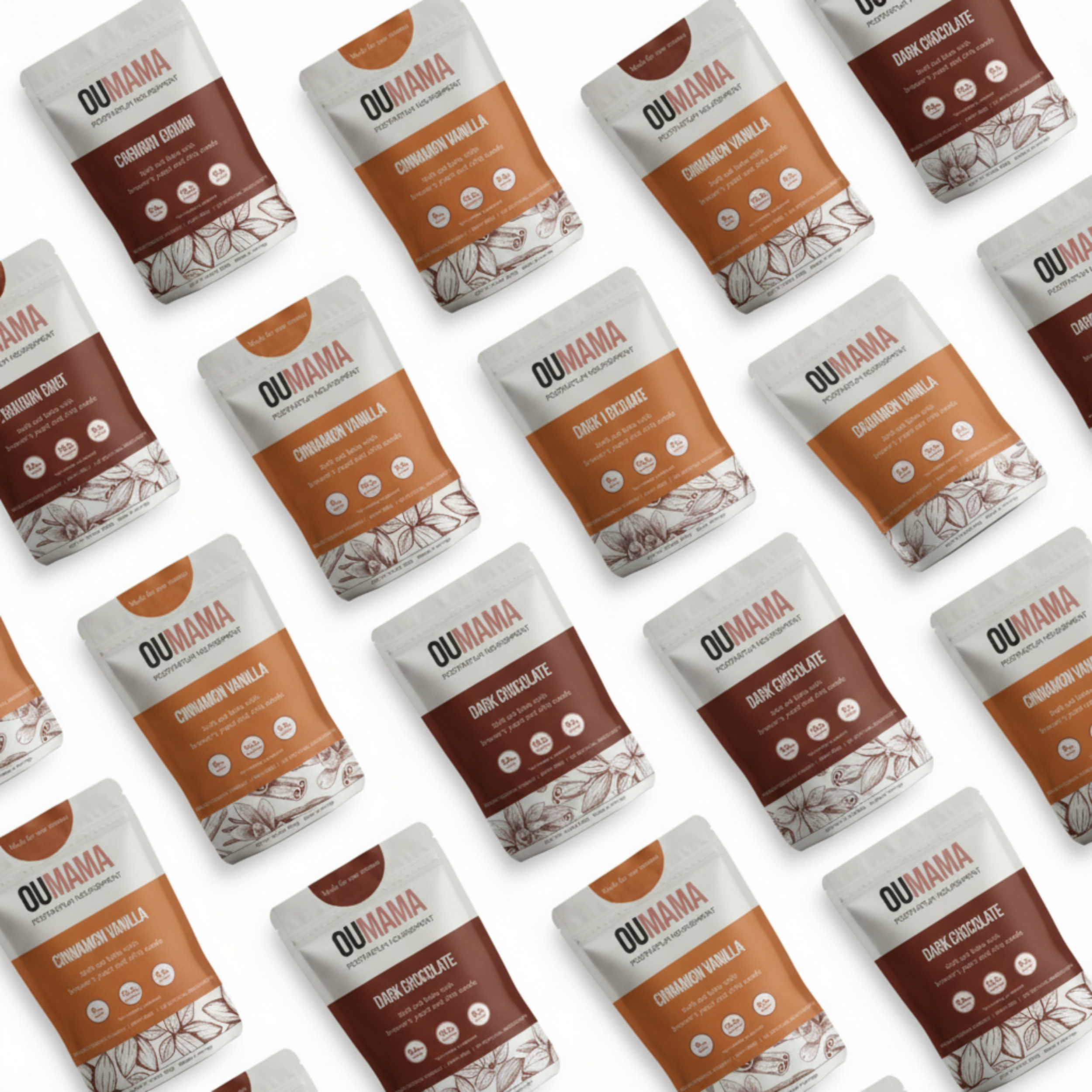 Flat lay of Oat Bake postpartum nutrition mix flavors by Oumama